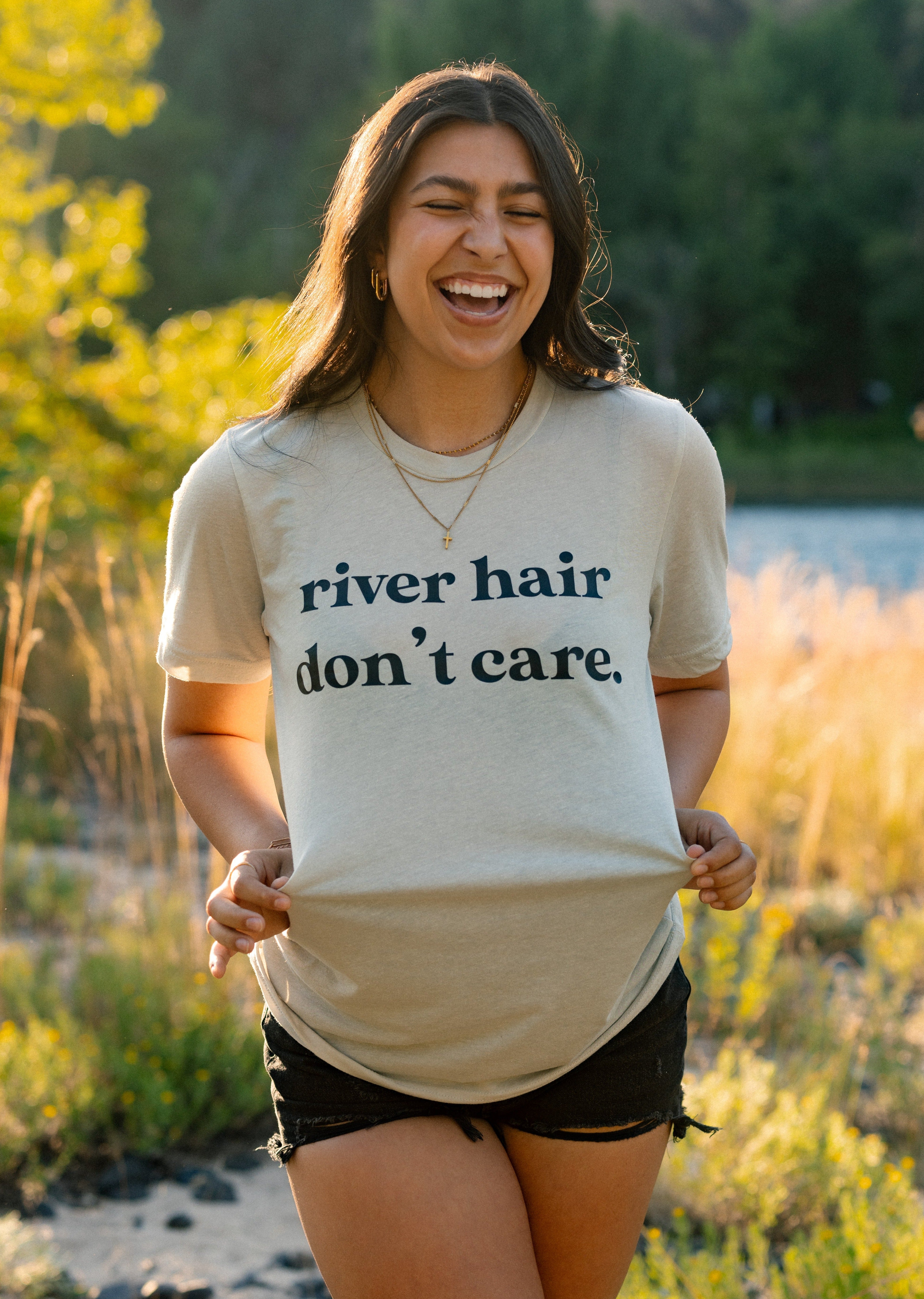 River hair don't care. Soft cement colored bella and canvas graphic tee. idaho river.