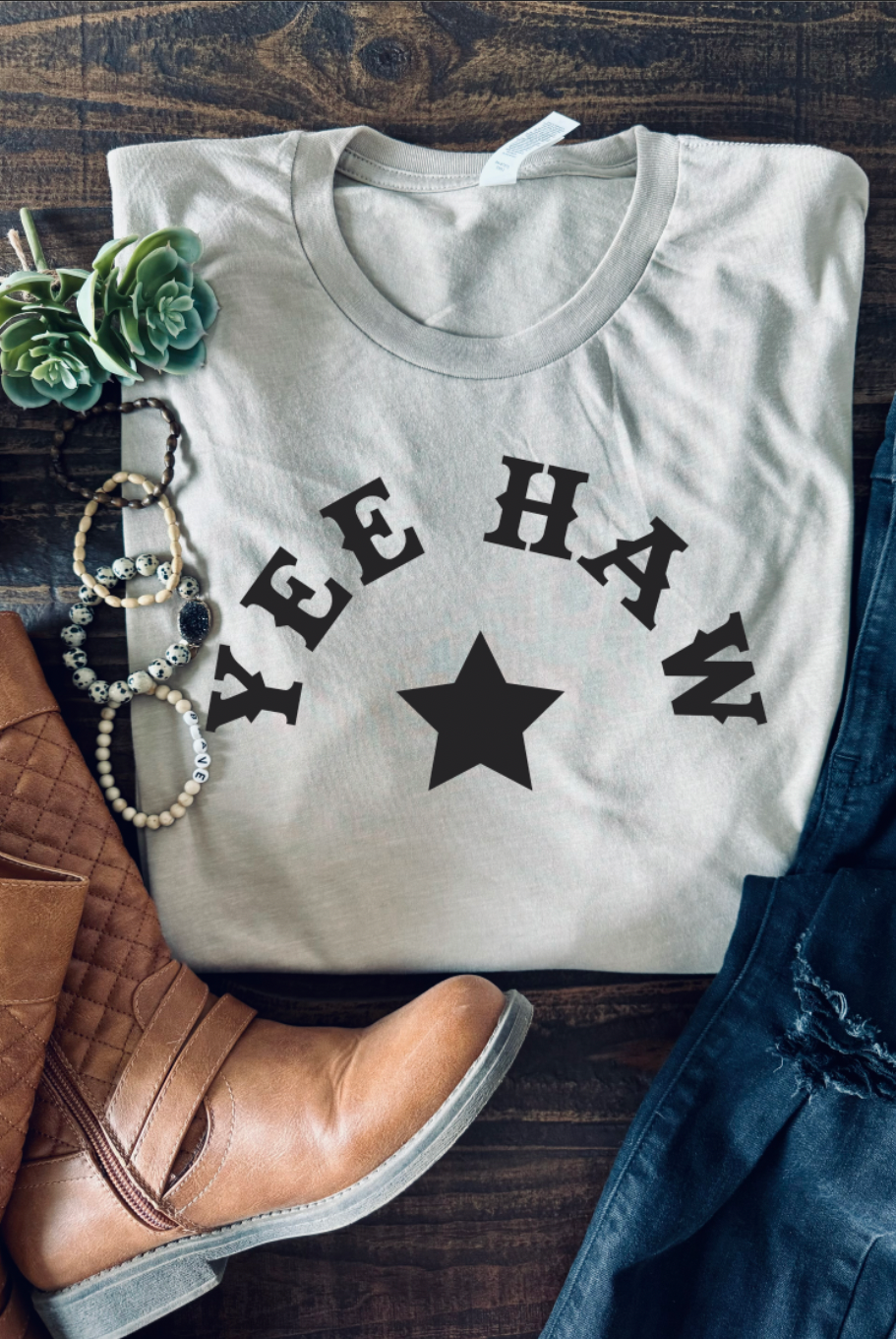 Yee Haw Vintage Country Western Girl Bella and Canvas tshirt. Shipped from Texas. Color is Tan.