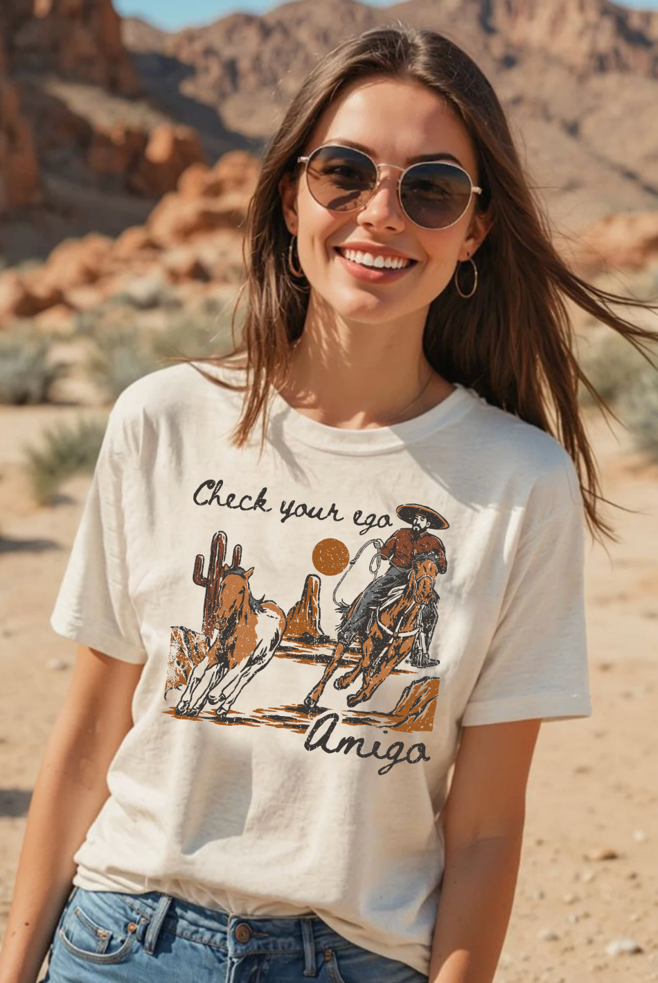 Vintage western country girl tshirt with Check your Ego Amigo on it.