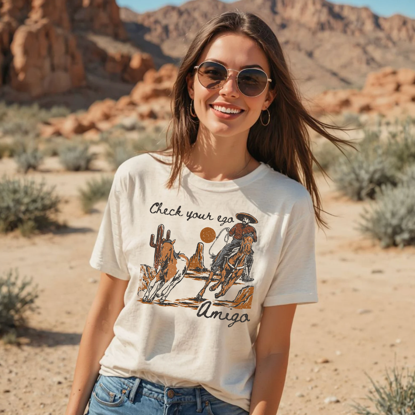 Vintage western country girl tshirt with Check your Ego Amigo on it.