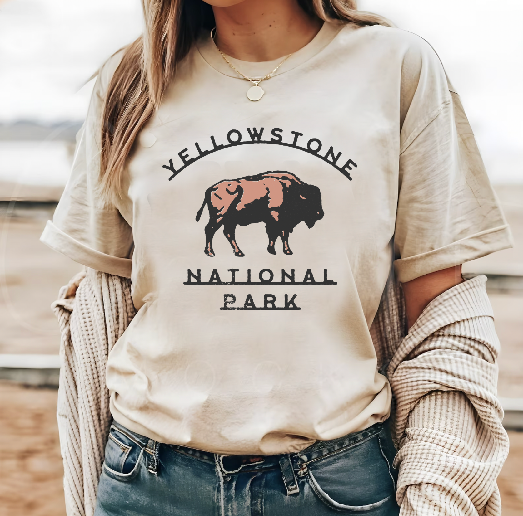 Yellowstone National Park Vintage Country Western Girl Tshirt. Bella and Canvas. Hand made and shipped from Texas. Color is Cream.