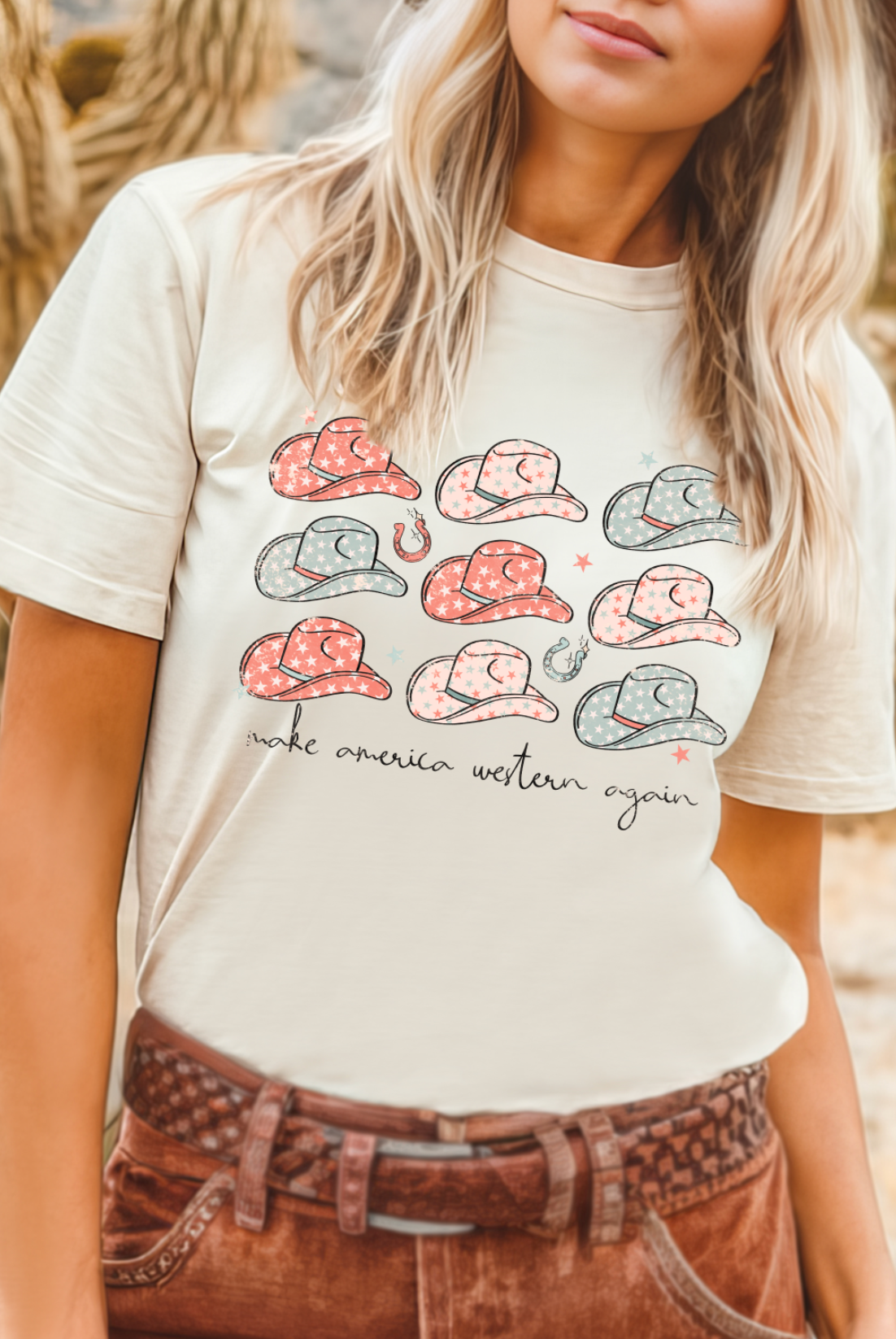 Vintage western country girl Make America Western Again tshirt. Bella and Canvas unisex shirt in cream