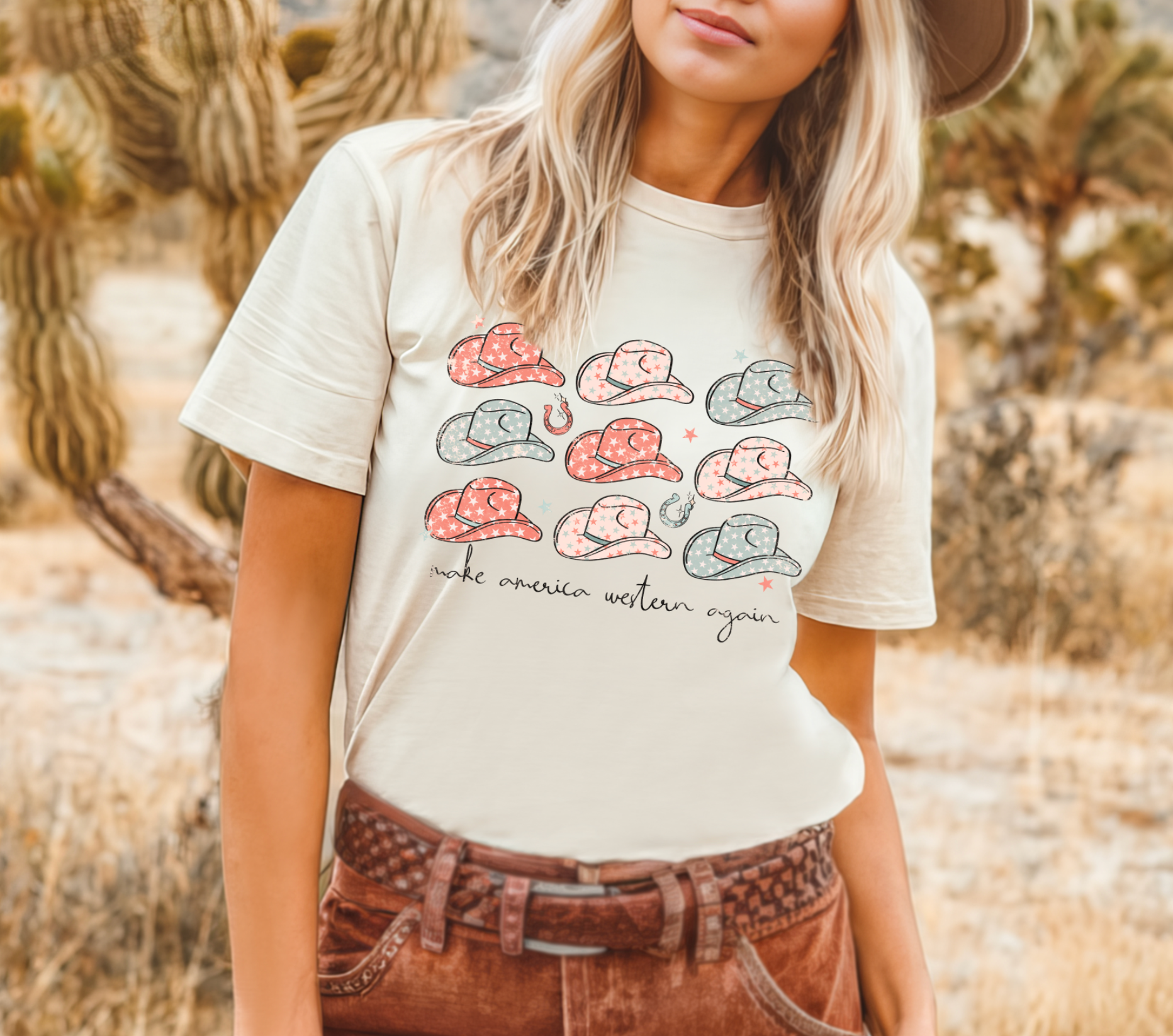 Vintage western country girl Make America Western Again tshirt. Bella and Canvas unisex shirt in cream