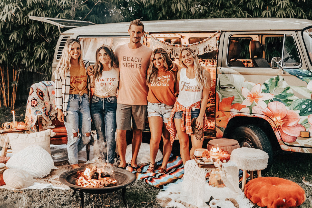 Group shot of fall-themed shirts with a "Beach Vibes" design, showcasing a blend of autumn style and coastal relaxation.