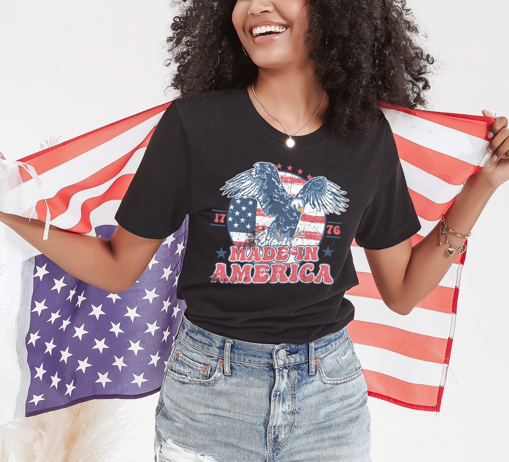 1776. Made in America Vintage America soft shirt with an eagle on it. Distressed. Color is charcoal.