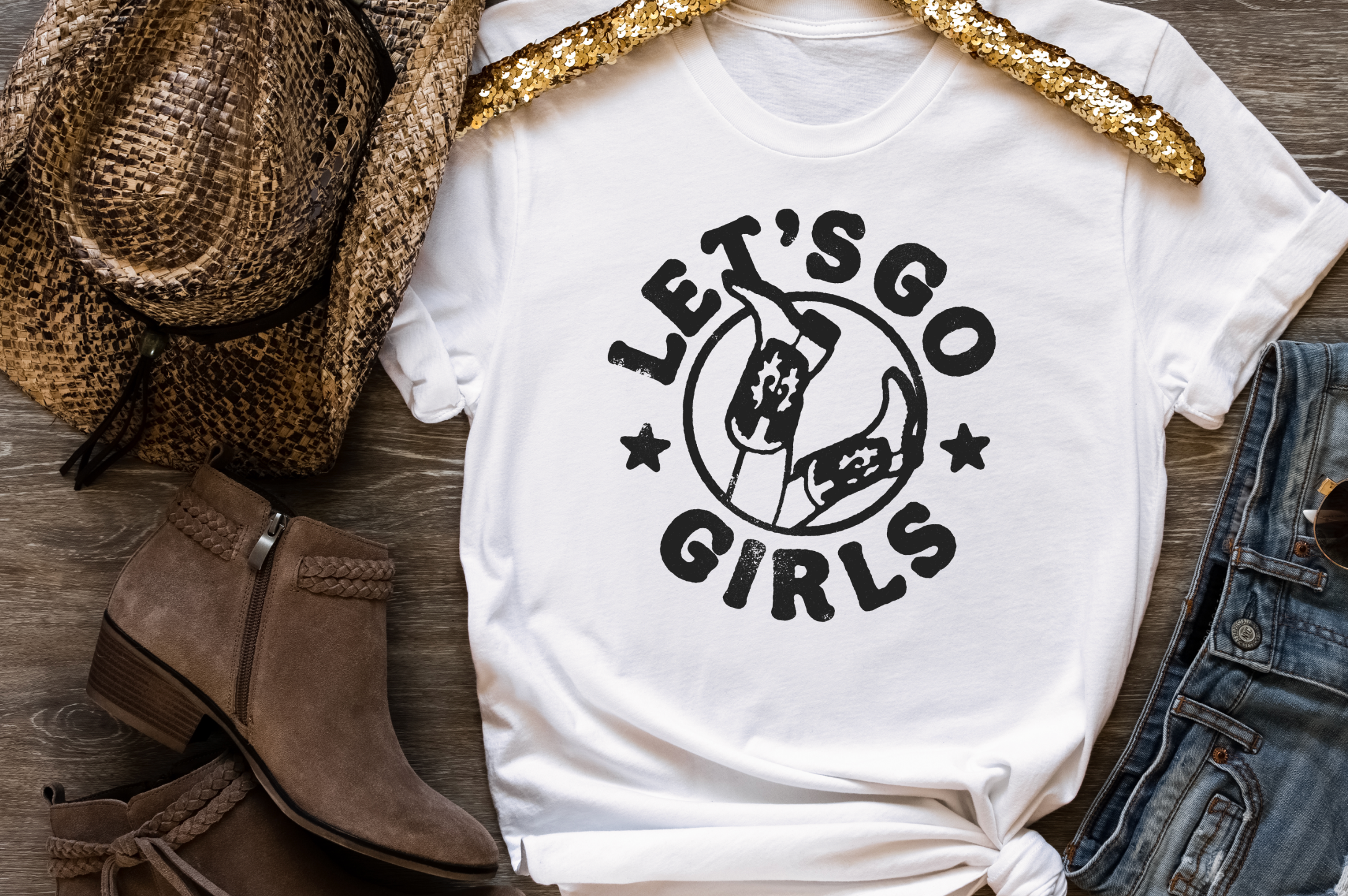 Let's Go Girls, Vintage, Country, Western, Distressed, Bella and Canvas, Hand-made apparel, Shipped from Texas, White Unisex Shirt.
