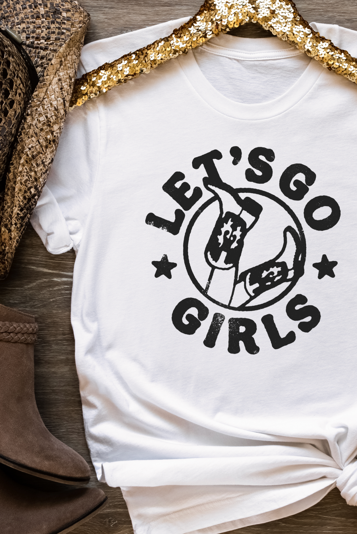 Let's Go Girls, Vintage, Country, Western, Distressed, Bella and Canvas, Hand-made apparel, Shipped from Texas, White Unisex Shirt.