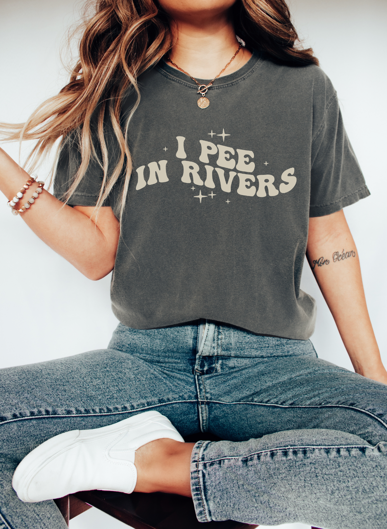I pee in rivers. Funny graphic tee for river lovers. Comfort Colors brand shirt in Pepper color.