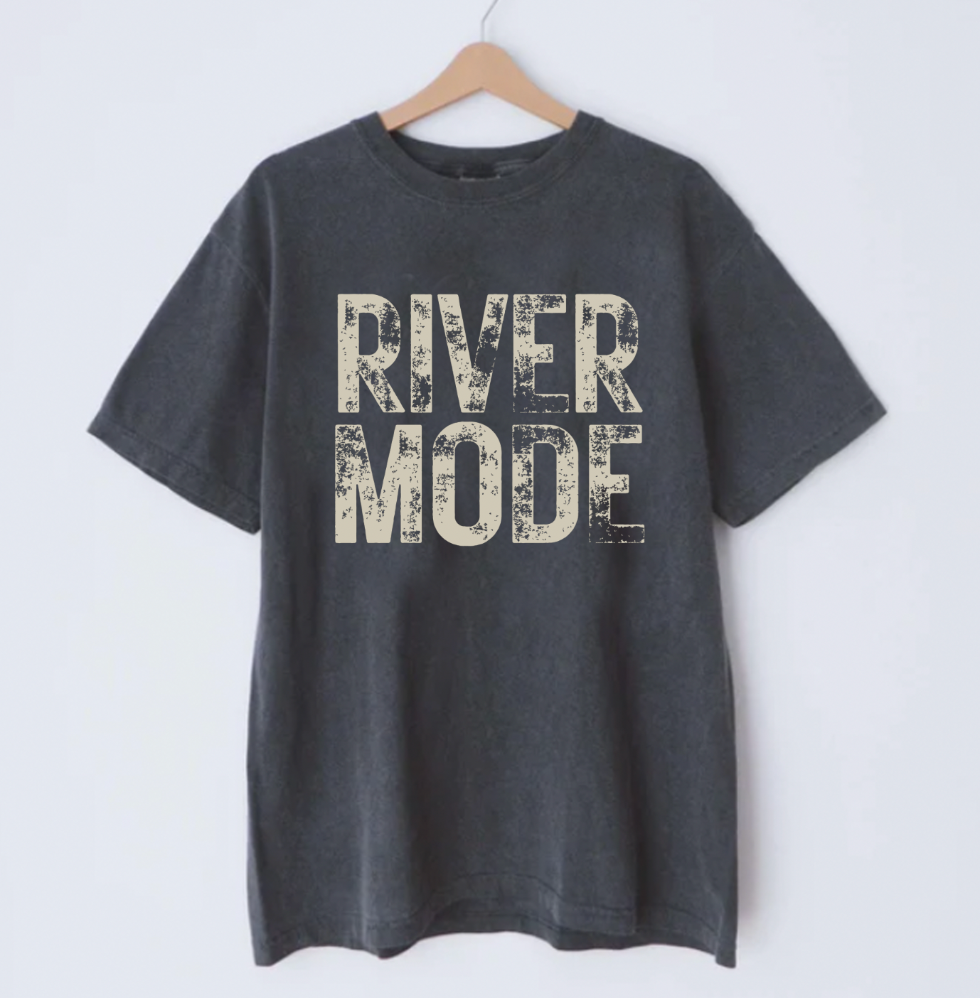 Pepper Comfort Colors shirt with a vintage inspired River Mode graphic on it.
