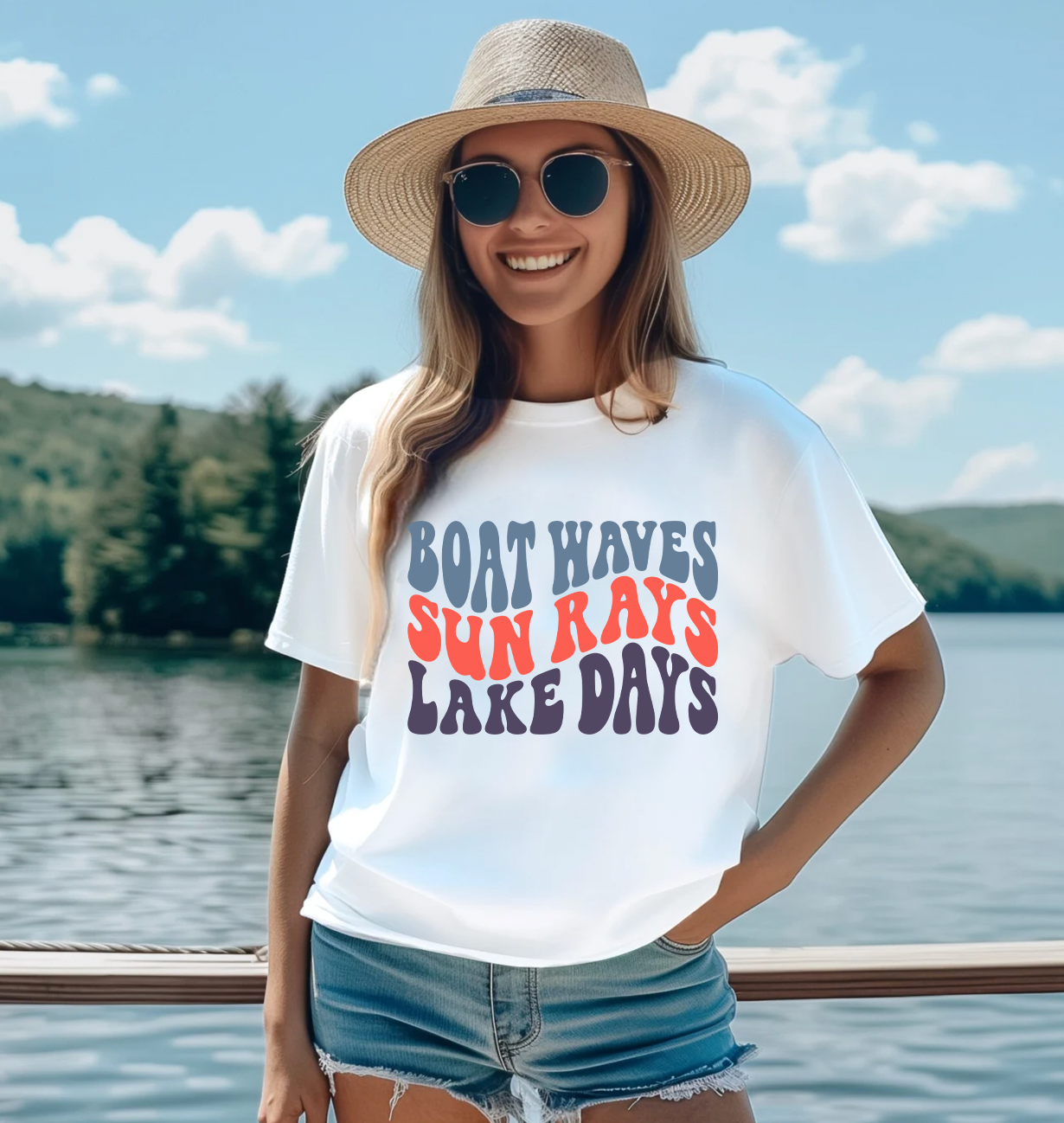 Celebrate your love for the lake with this super soft Boat Waves, Sun Rays, Lake Days unisex tshirt in White.