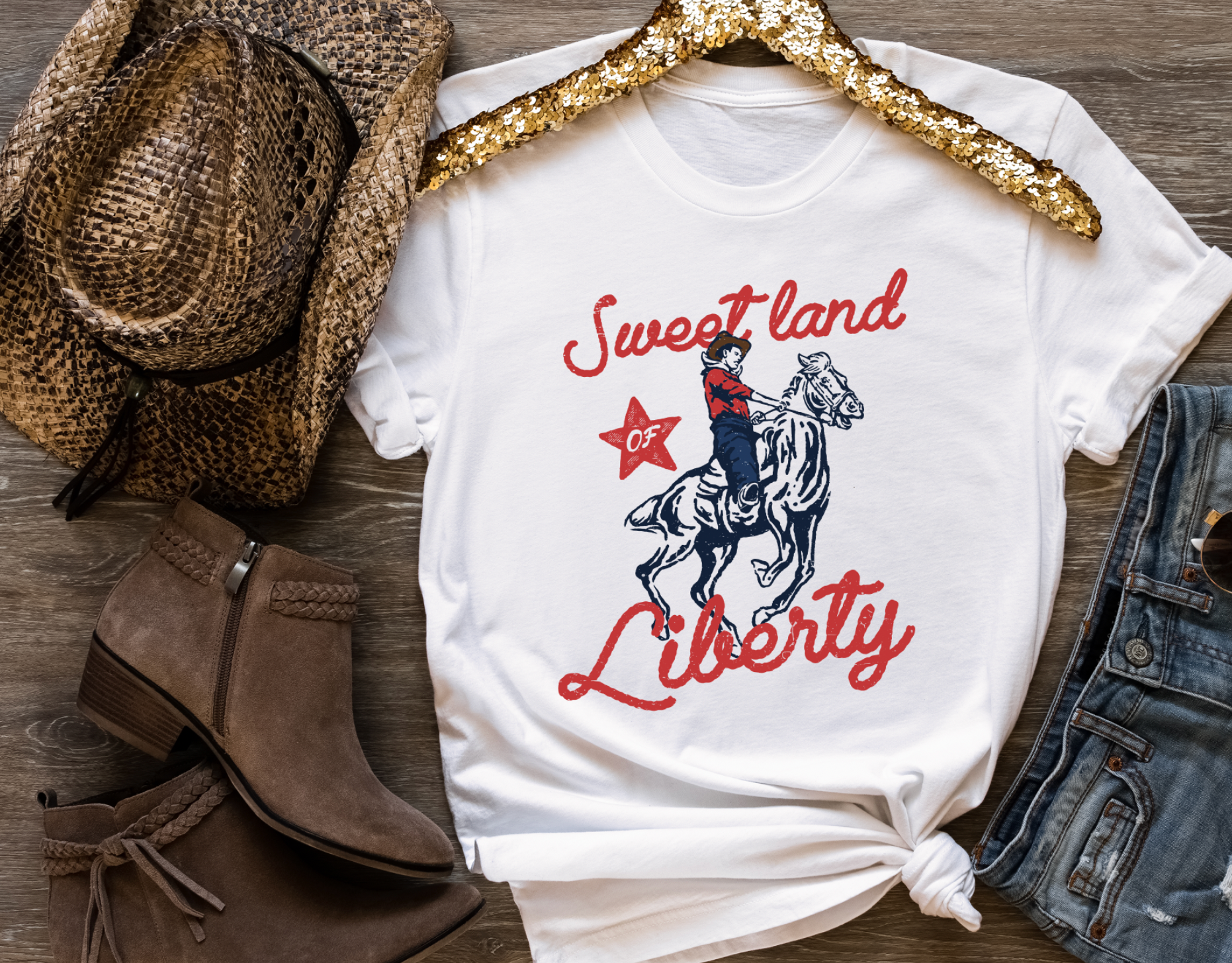 Sweet land of Liberty vintage inspired western graphic tshirt. Bella and Canvas white.