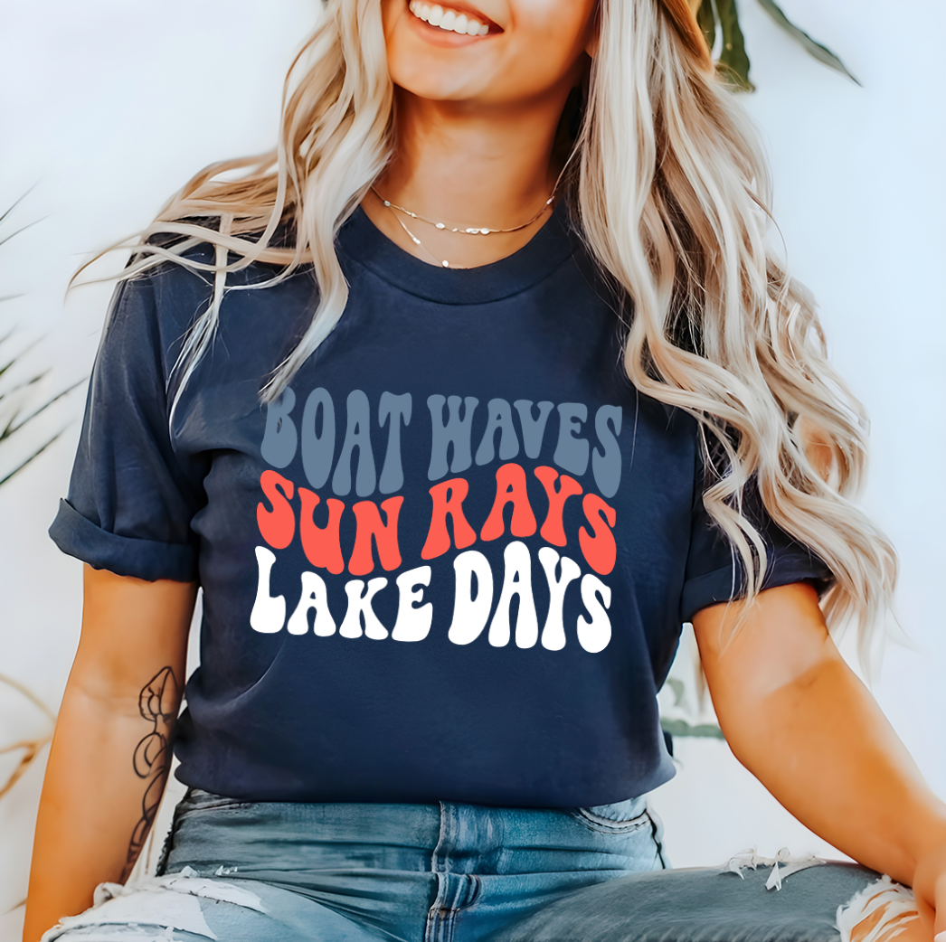 Celebrate your love for the lake with this super soft Boat Waves, Sun Rays, Lake Days unisex tshirt in Navy.