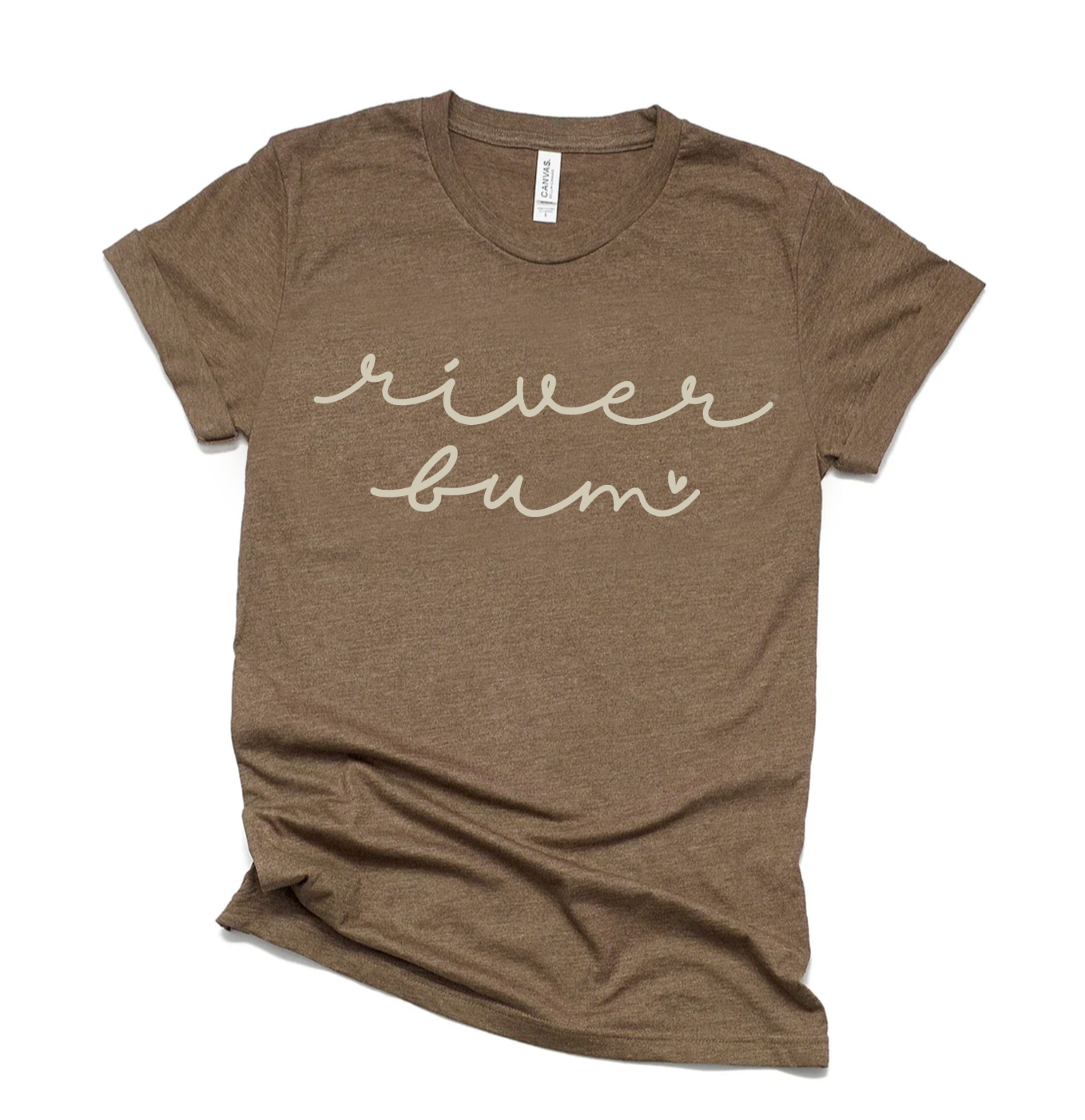 River Bum adorable river shirt on a brown Bella and Canvas shirt featuring a small heart.