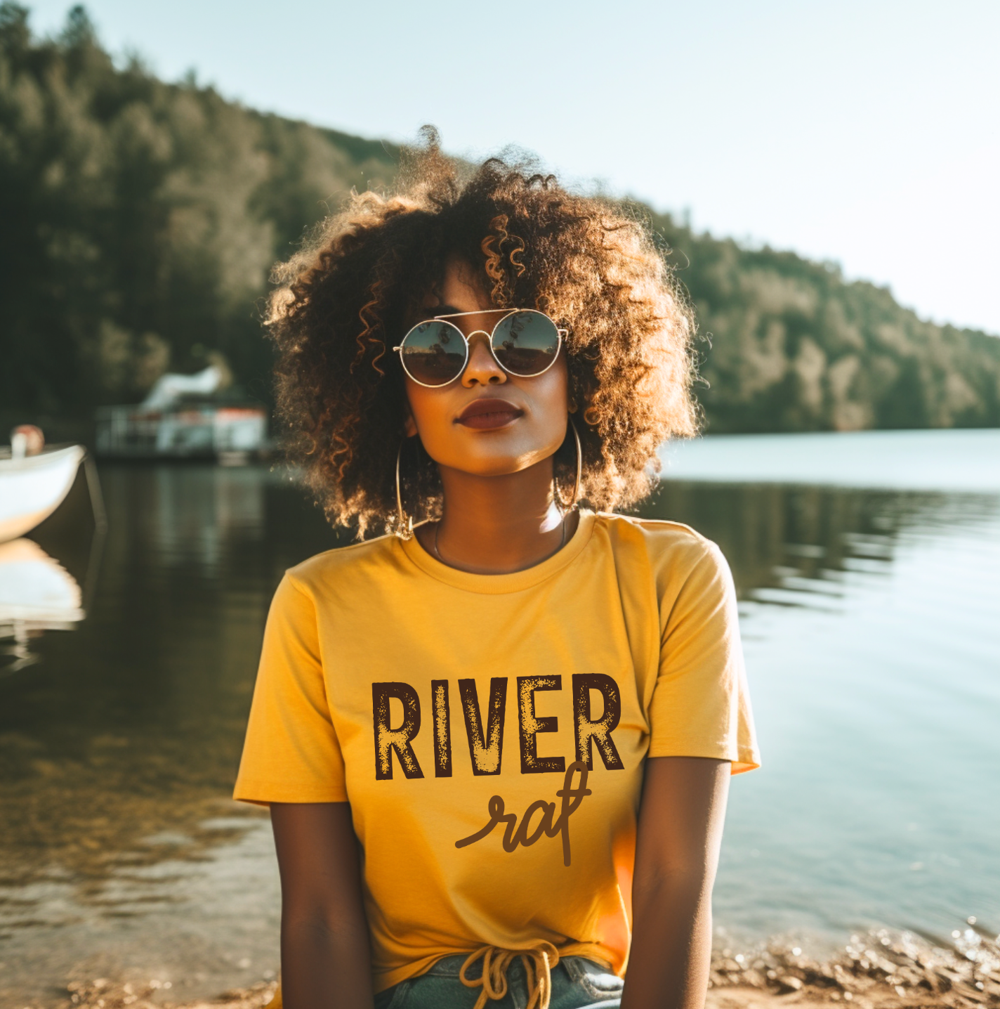 Bella and Canvas soft unisex tshirt in mustard color featuring a vintage River Rat graphic.