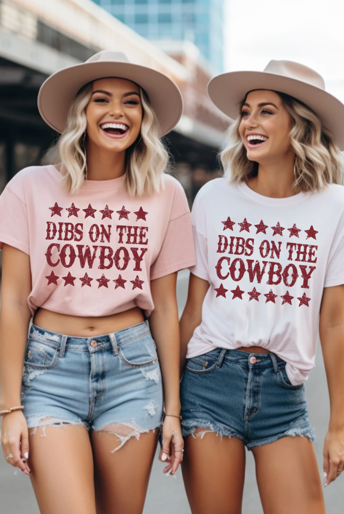 Vintage western country girl graphic tee with Dibs on the Cowboy on it. Bella and Canvas peach and white tees.