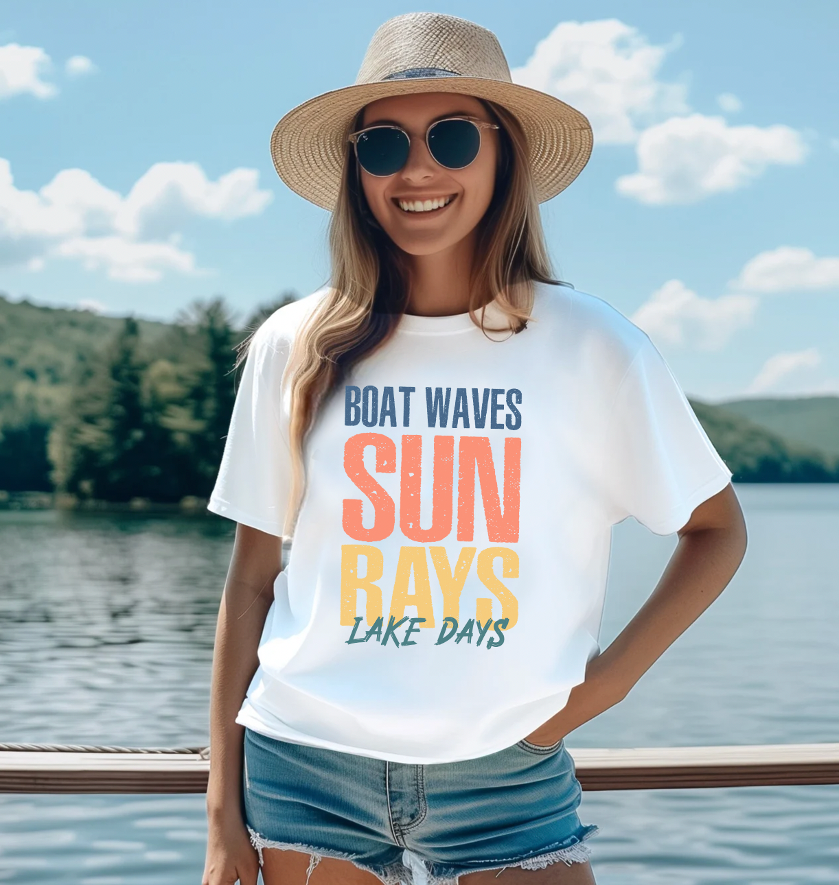 Celebrate your love for the lake in this fun Boat Waves, Sun Rays, Lake Days bella and canvas shirt in white.