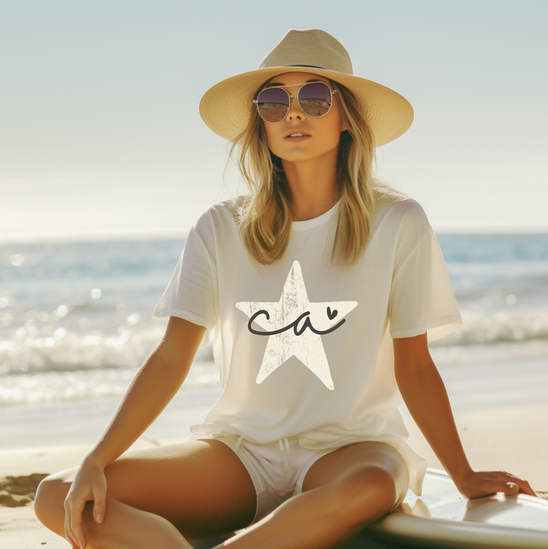 California beach girl, beach vibes vintage coastal girl shirt with ca inside a star with a heart on it. Shirt color is cream Bella and Canvas.