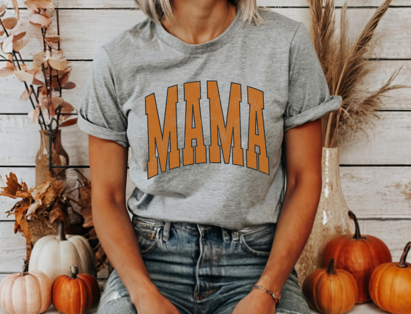 Mama Fall Vibes shirt with trendy design, featuring soft and comfy fabric, perfect for fall-loving mamas. Gray shirt.
