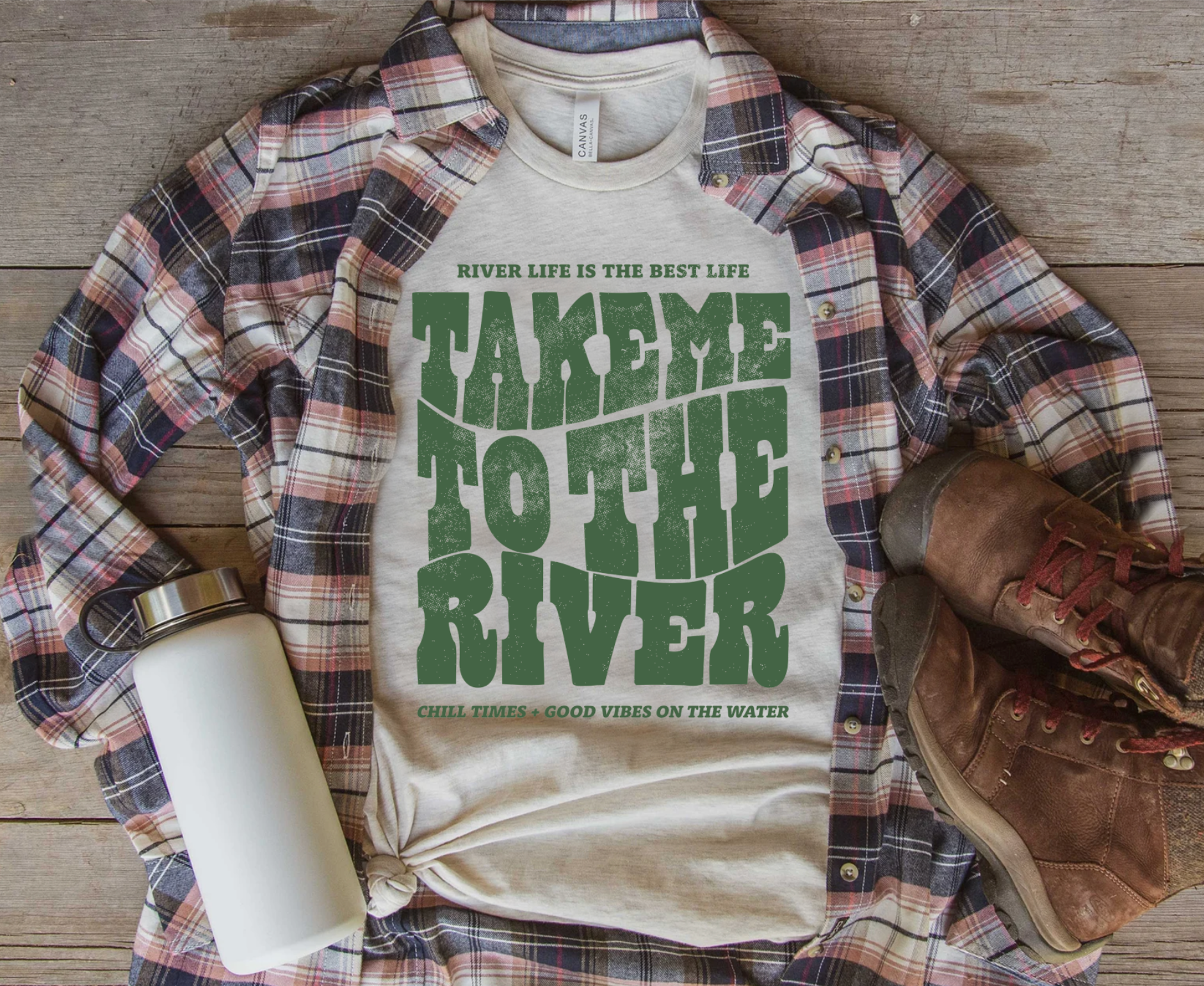 Vintage inspired outdoor shirt with Take me to the river on it. Bellla and Canvas cream shirt.