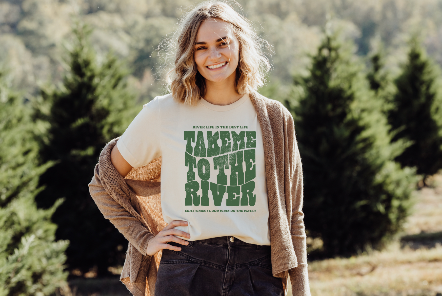 Vintage inspired outdoor shirt with Take me to the river on it. Bellla and Canvas cream shirt.