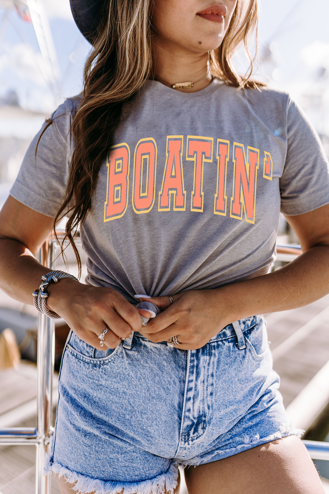 Summer and lake ready, Boatin' shirt made for our boat days. Bella and Canvas super soft unisex shirt in Gray.