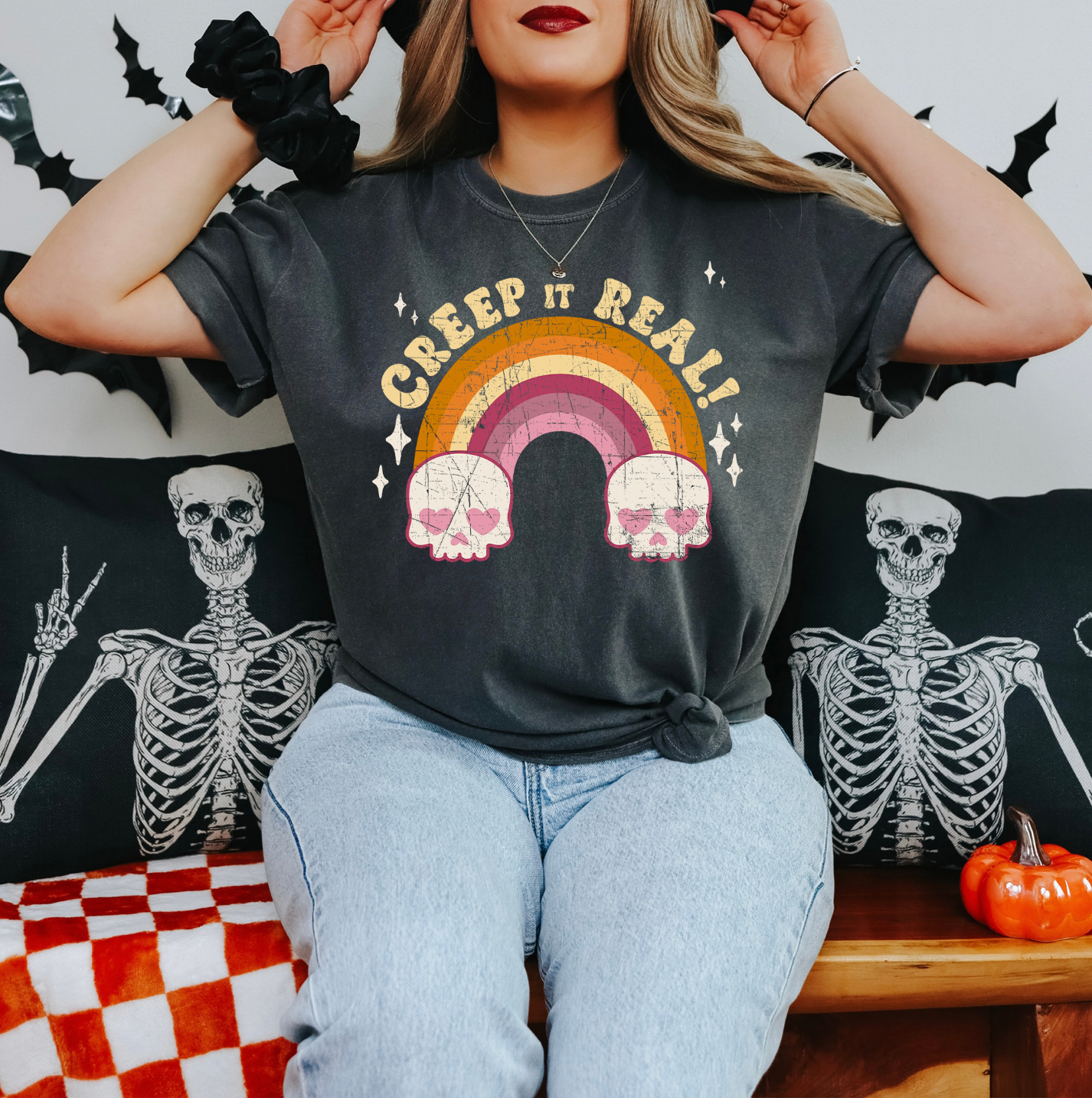 Creep It Real shirt with playful design, featuring soft and comfortable fabric, perfect for a fun and spooky Halloween look. Pepper shirt.