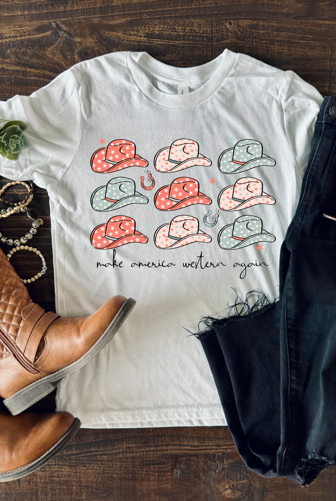 Vintage western country girl Make America Western Again tshirt. Bella and Canvas unisex shirt in white.