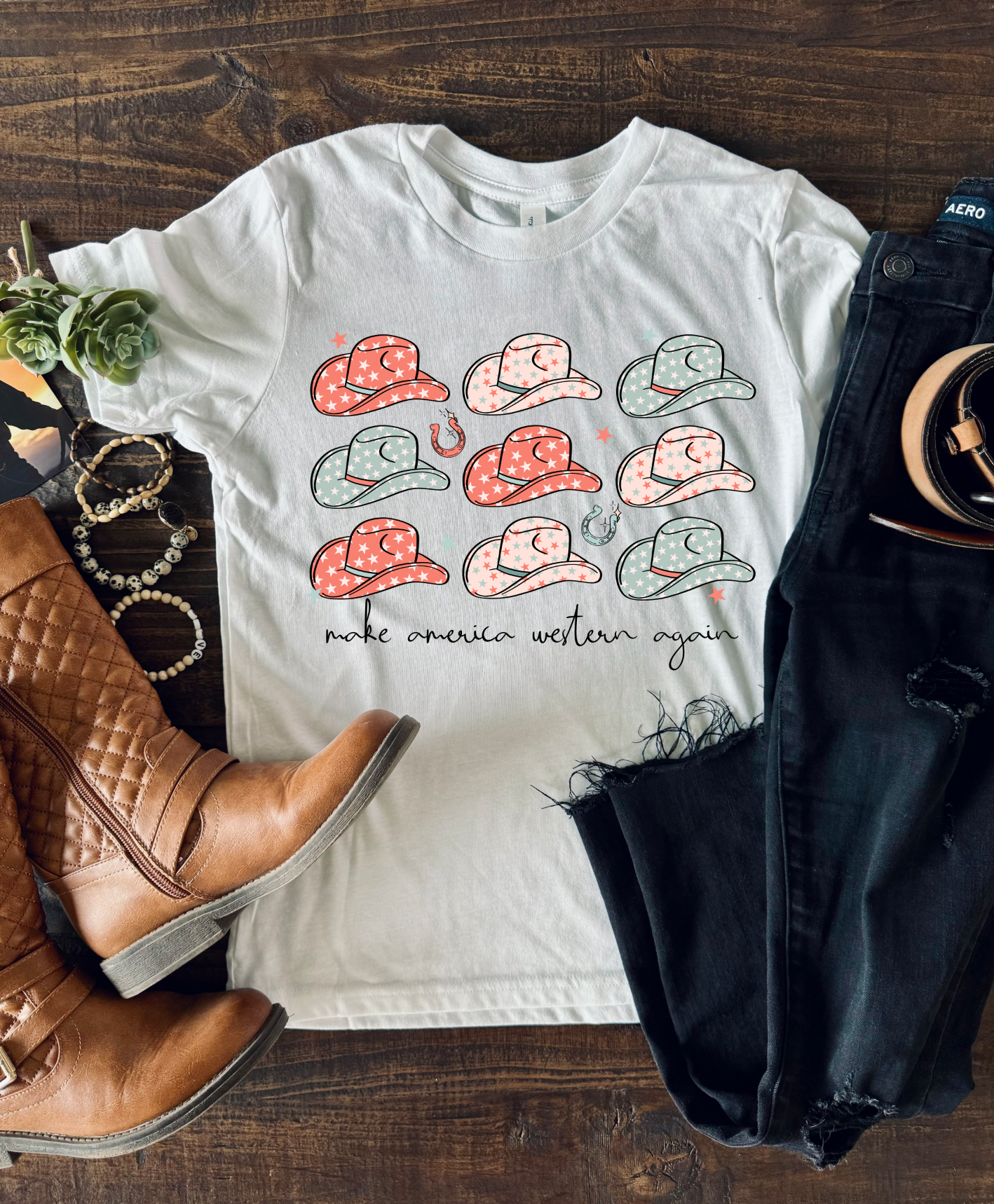 Vintage western country girl Make America Western Again tshirt. Bella and Canvas unisex shirt in white.