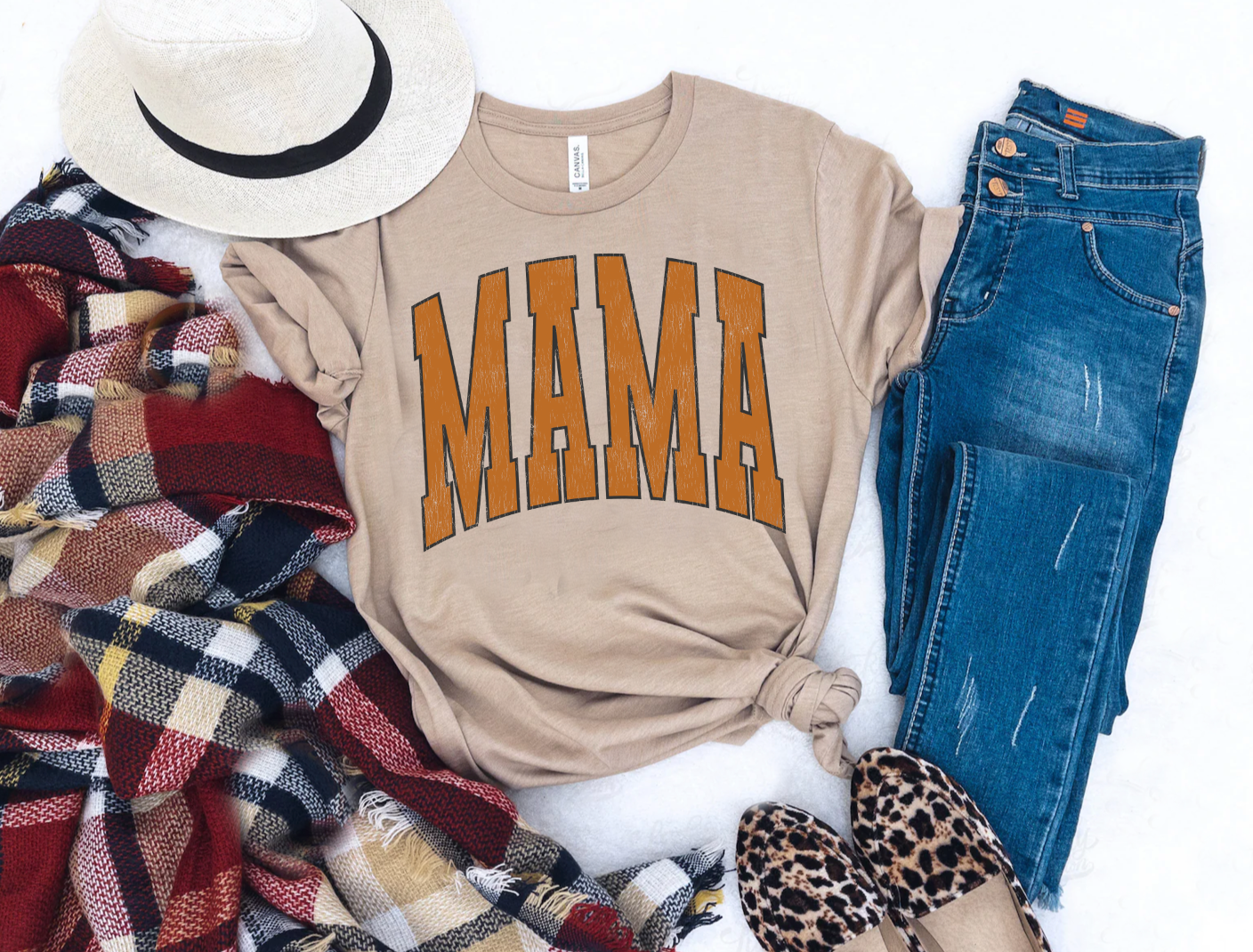 Mama Fall Vibes shirt with trendy design, featuring soft and comfy fabric, perfect for fall-loving mamas. Tan shirt.