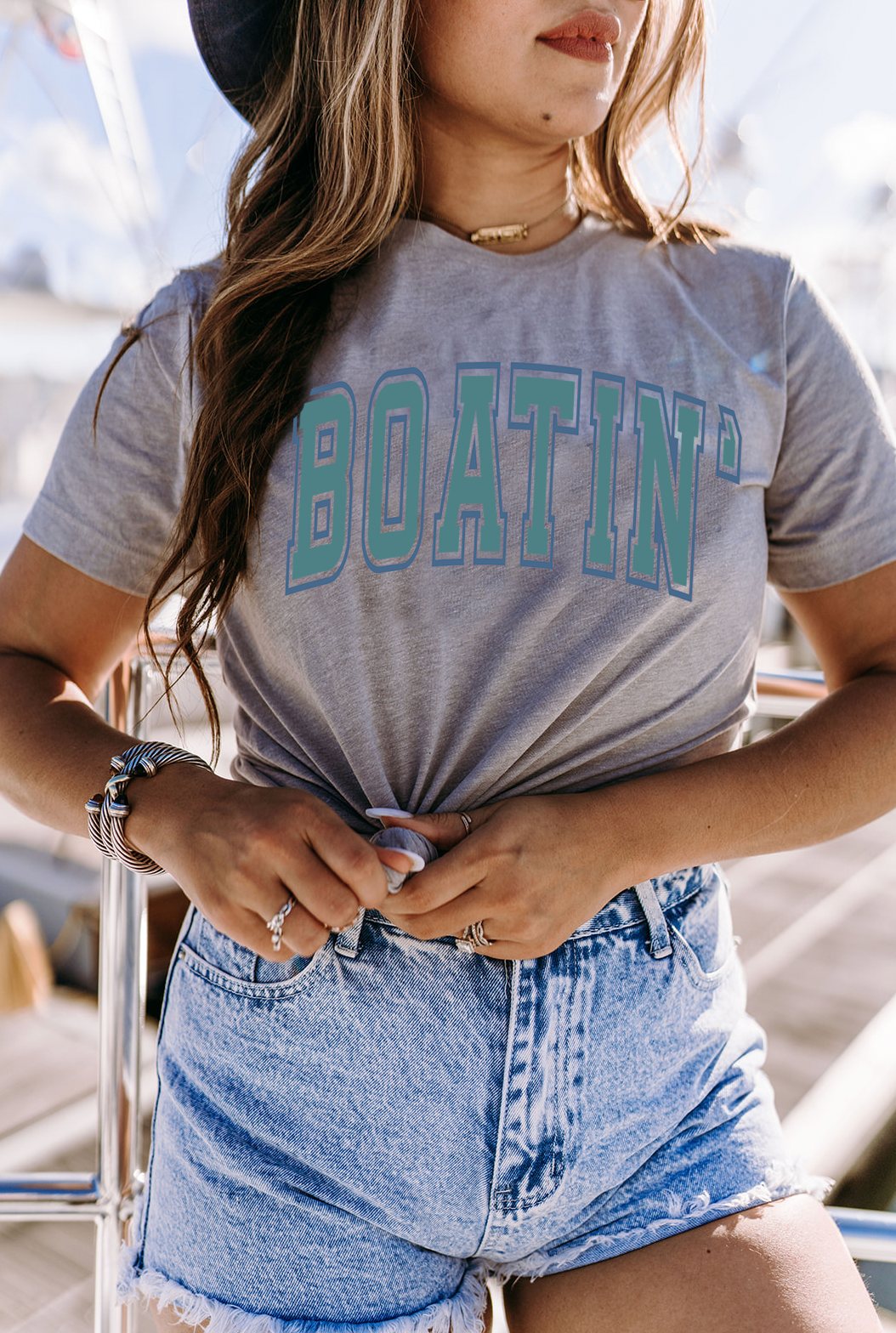 Summer and lake ready, Boatin' shirt made for our boat days. Bella and Canvas super soft unisex shirt in Gray.