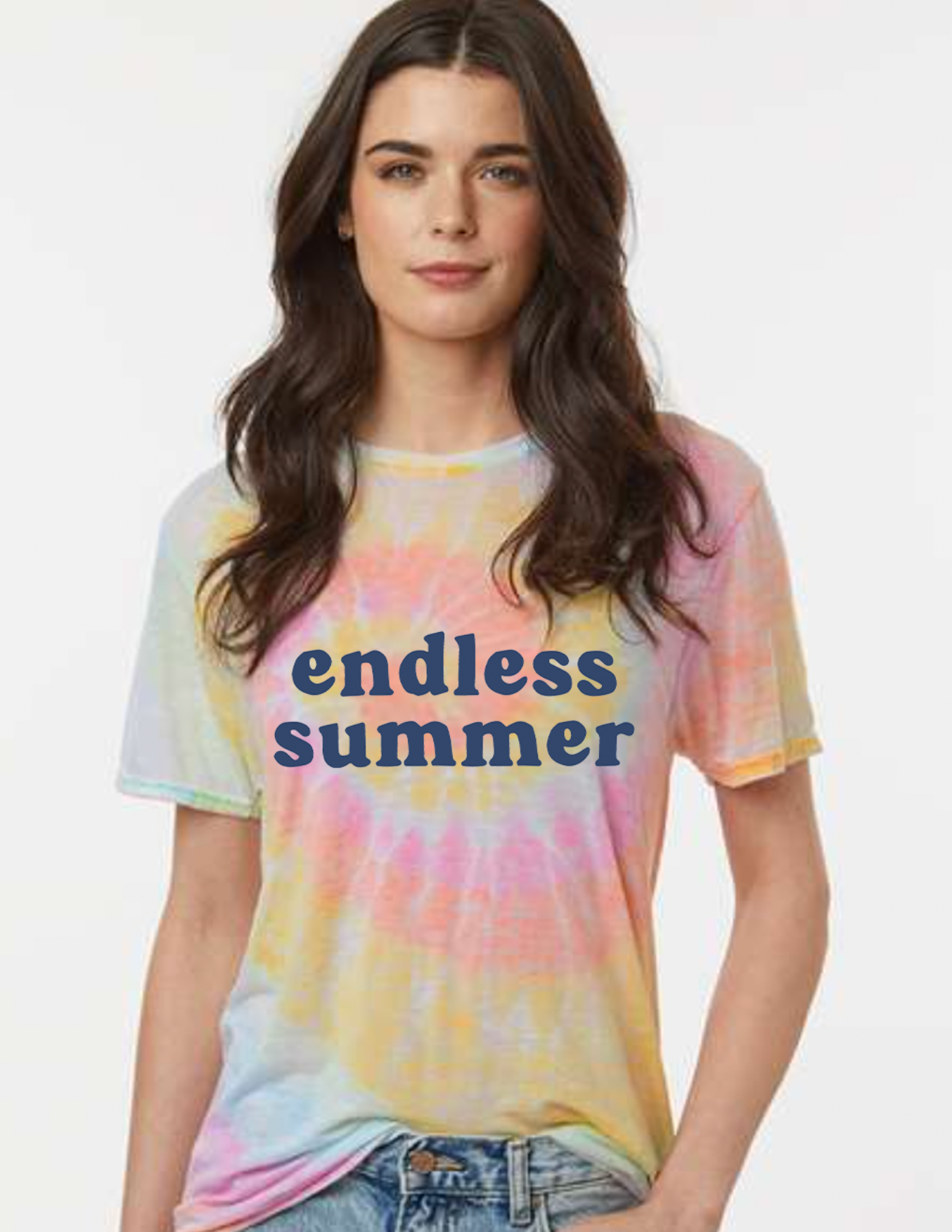 Vintage tie-dyed shirt featuring an endless summer graphic on it.