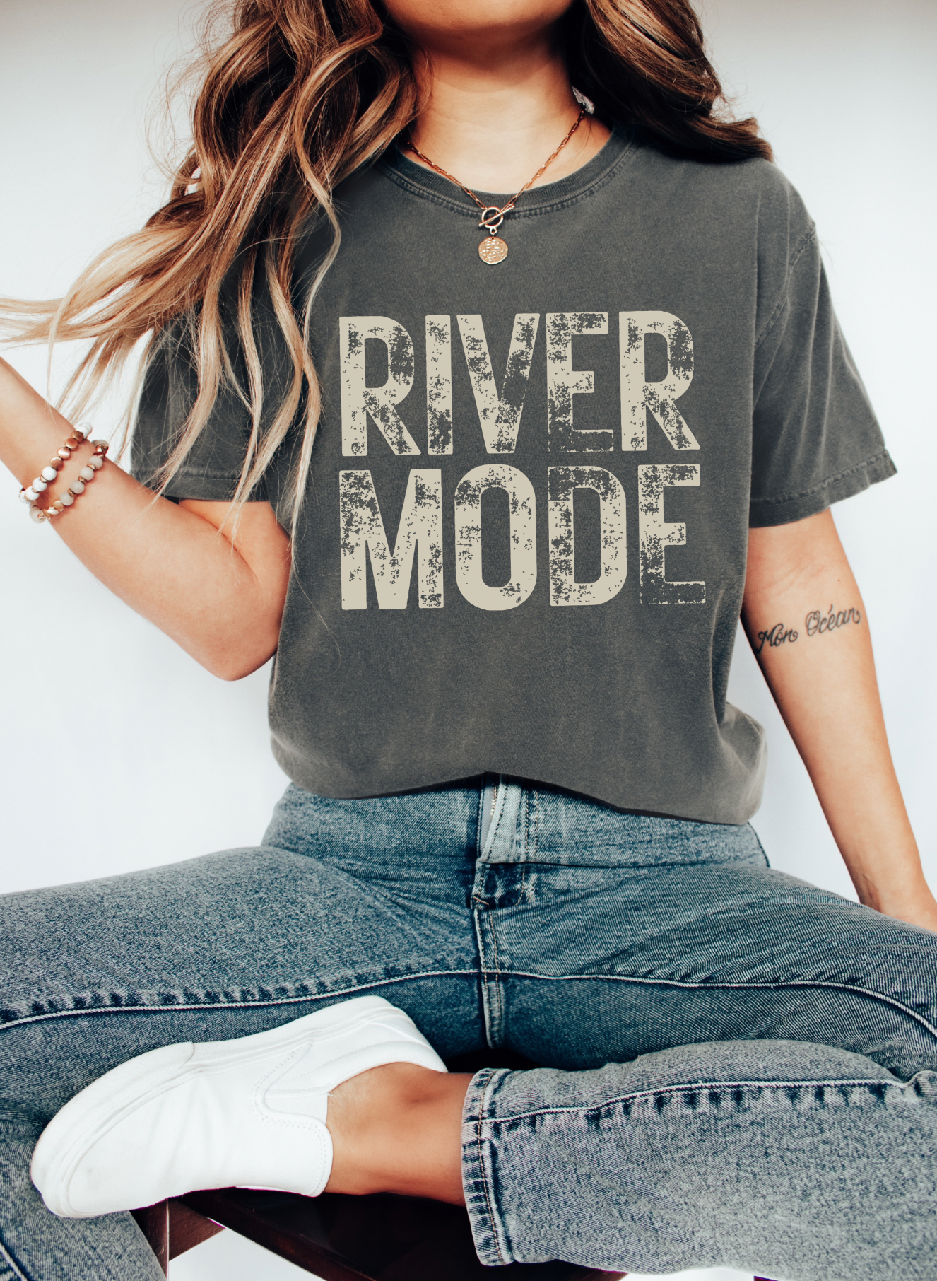 Pepper Comfort Colors shirt with a vintage inspired River Mode graphic on it.