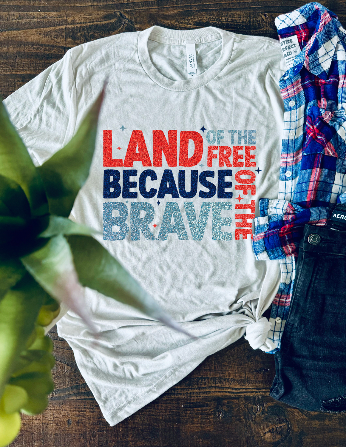 Land of the Free Because of the Brave American Americana Tshirt. Bella and Canvas, made in the USA. Shirt is Cement.