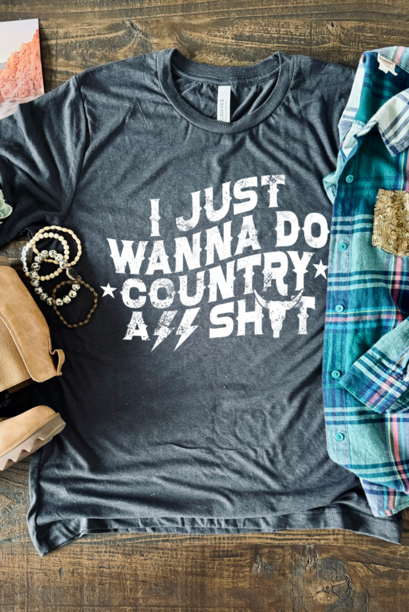 I just wanna do country ass shit, unisex bella and canvas t-shirt featuring stars, lightning bolts and longhorn in charcoal color.
