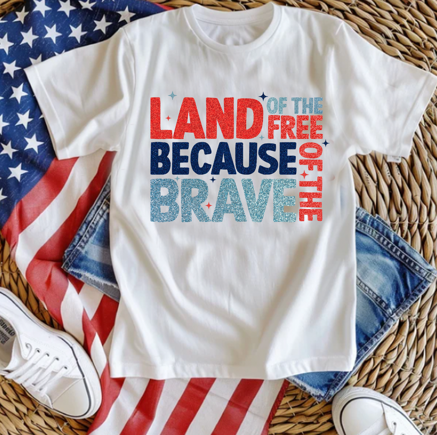 Land of the Free Because of the Brave American Americana Tshirt. Bella and Canvas, made in the USA. Shirt is White.