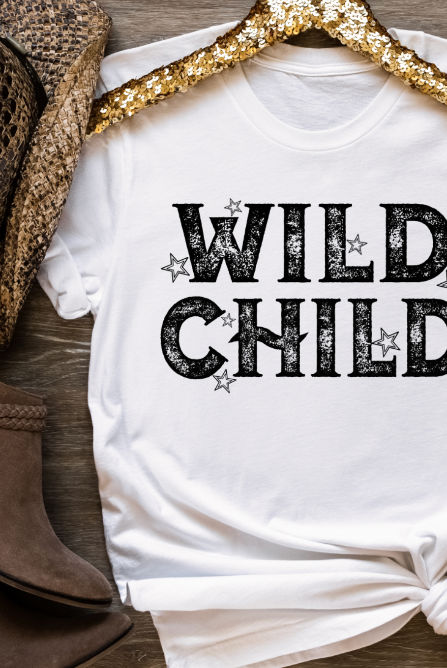 Wild Child Vintage Country Western Unisex Tshirt on Bella and Canvas Shirt in White.