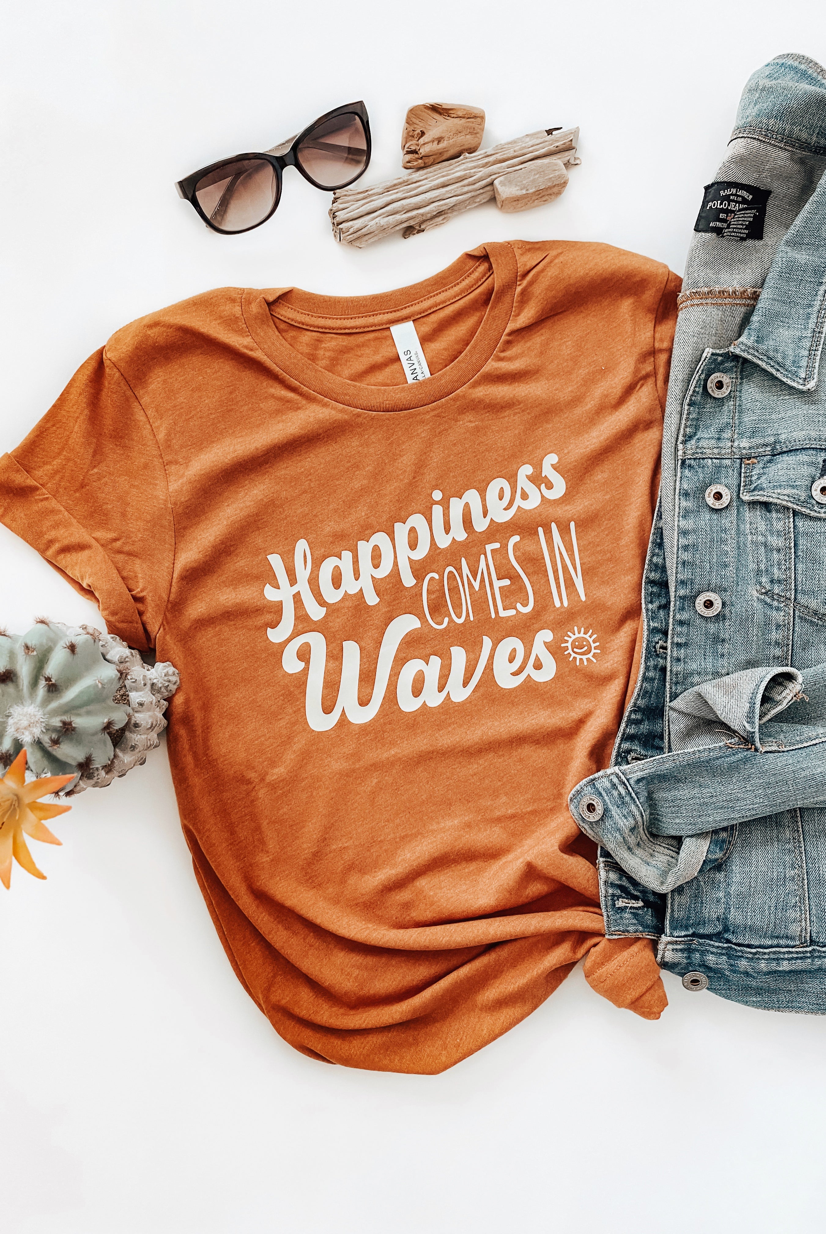 Happiness come in Waves. Beach summer girl shirt. Ocean beach apparel graphic tee. Bella and Canvas. Clay colored tee.