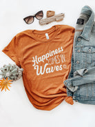 Happiness come in Waves. Beach summer girl shirt. Ocean beach apparel graphic tee. Bella and Canvas. Clay colored tee.