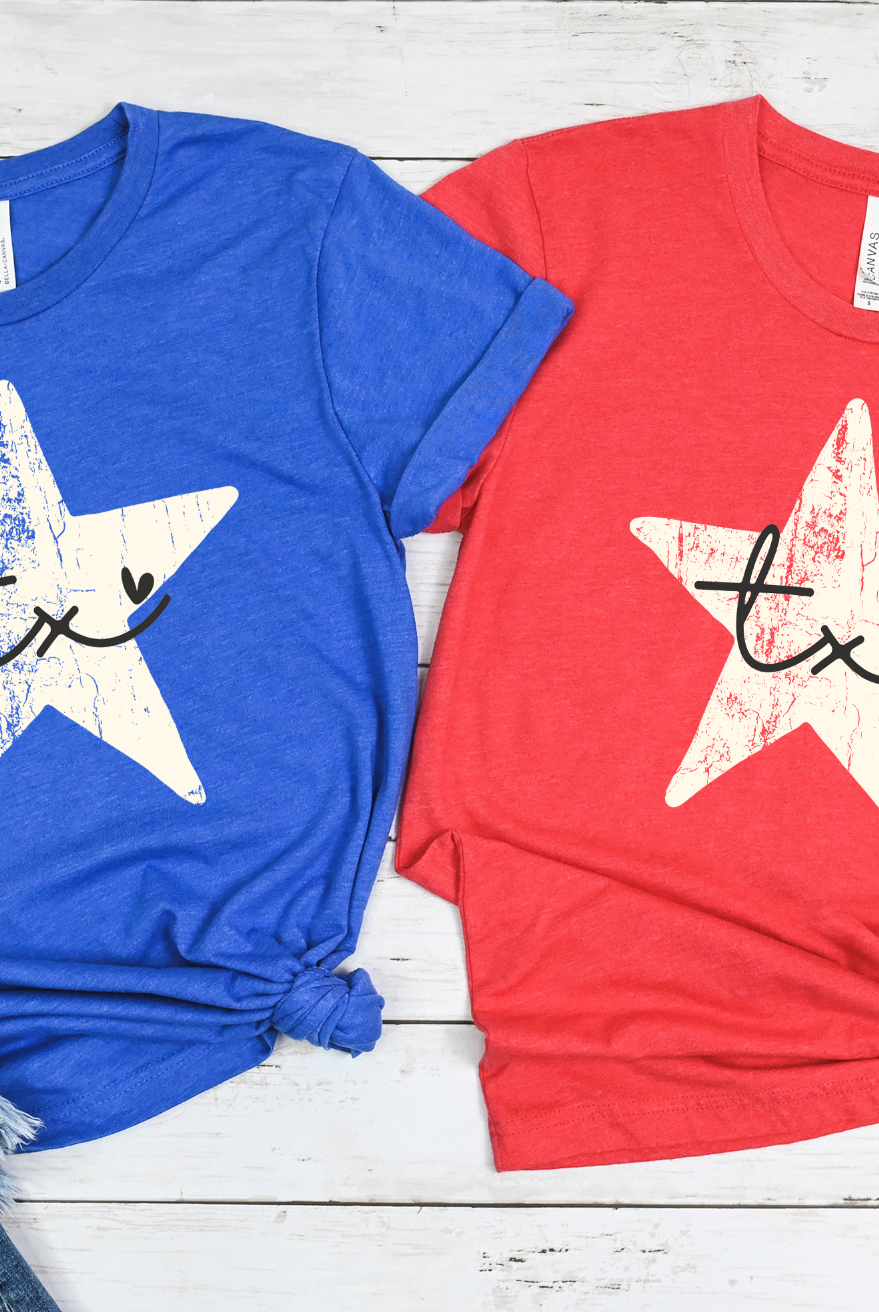 Show your Texas State Pride in these red and blue American start Texas shirts from Boots and Roots Apparel. Bella and Canvas unisex 4th of July shirts. Handmade when ordered with high quality apparel.