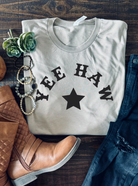 Yee Haw Vintage Country Western Girl Bella and Canvas tshirt. Shipped from Texas. Color is Tan.