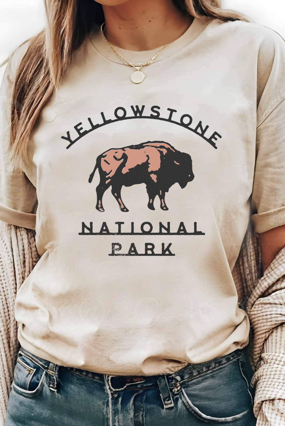 Yellowstone National Park Vintage Country Western Girl Tshirt. Bella and Canvas. Hand made and shipped from Texas. Color is Cream.