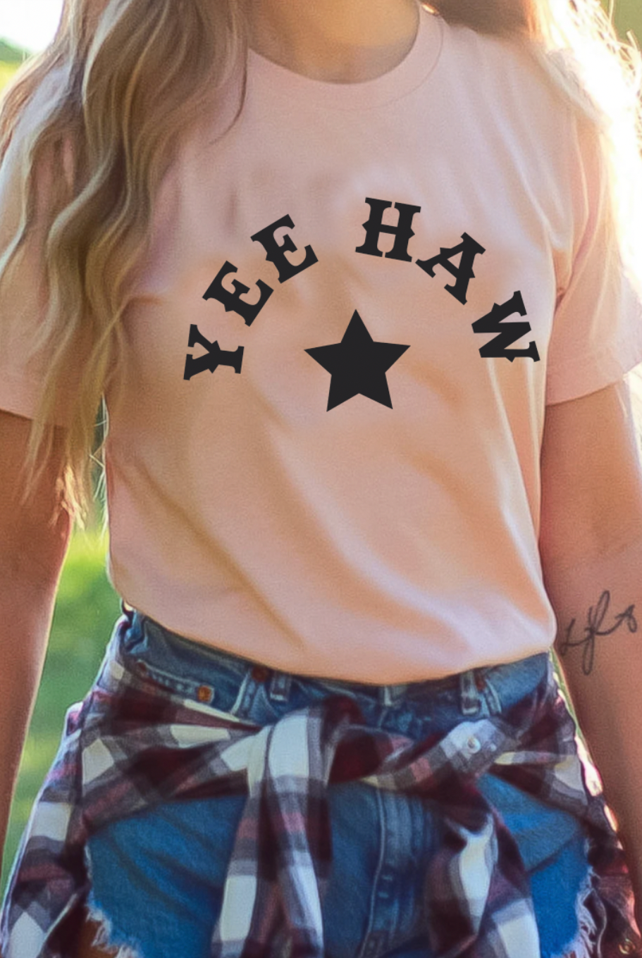 Yee Haw Vintage Country Western Girl Bella and Canvas tshirt. Shipped from Texas. Color is Peach.