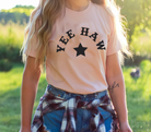 Yee Haw Vintage Country Western Girl Bella and Canvas tshirt. Shipped from Texas. Color is Peach.