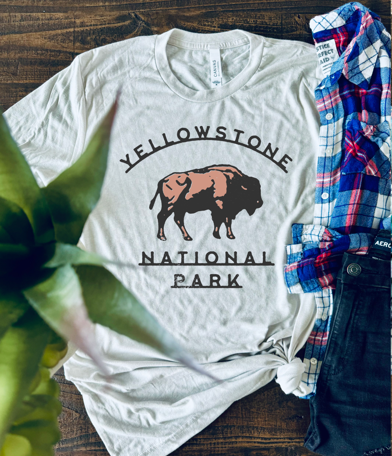Yellowstone National Park Vintage Country Western Girl Tshirt. Bella and Canvas. Hand made and shipped from Texas. Color is Cement.