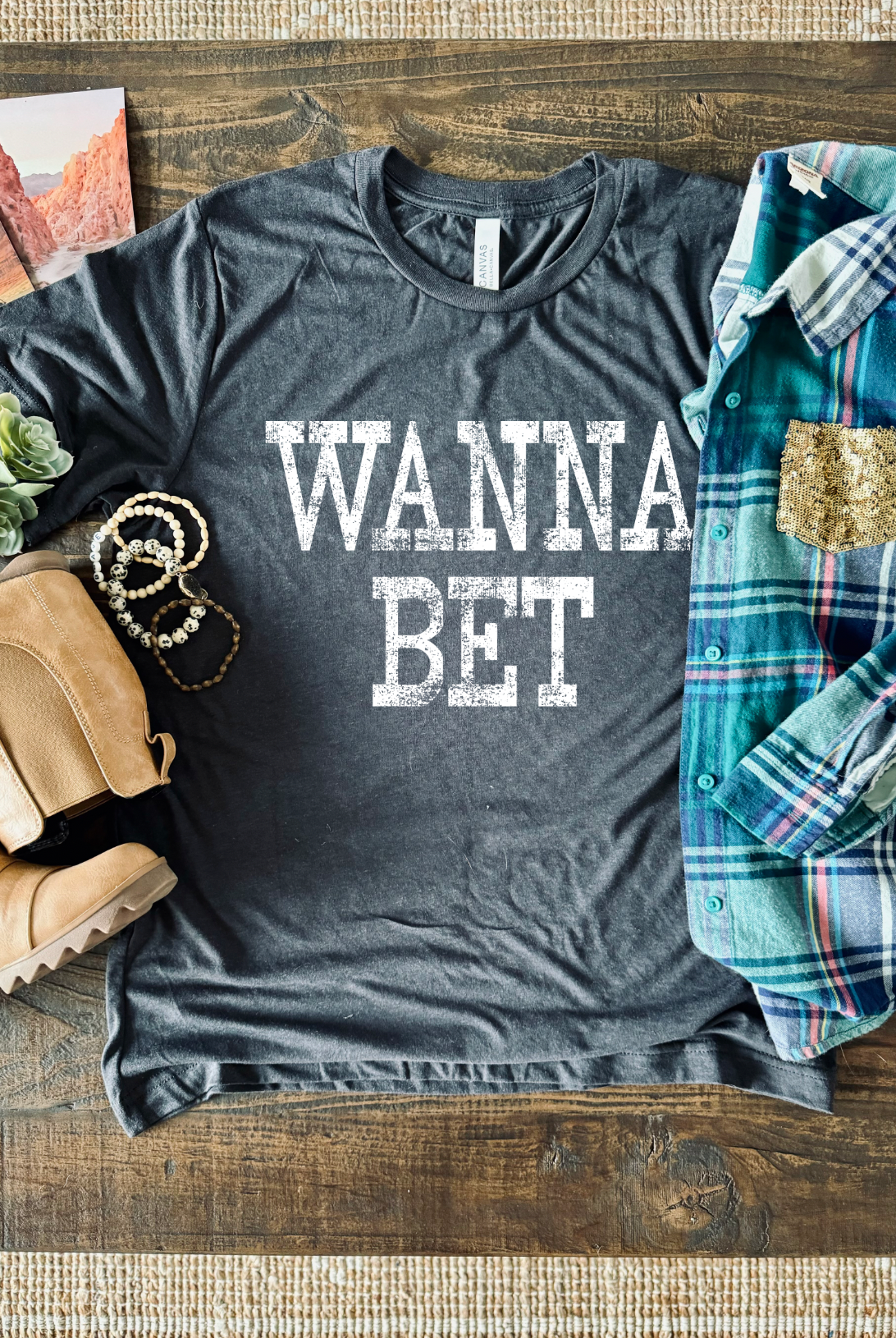 Wanna Bet, a sassy and fun country girl vintage tee on charcoal shirt.
