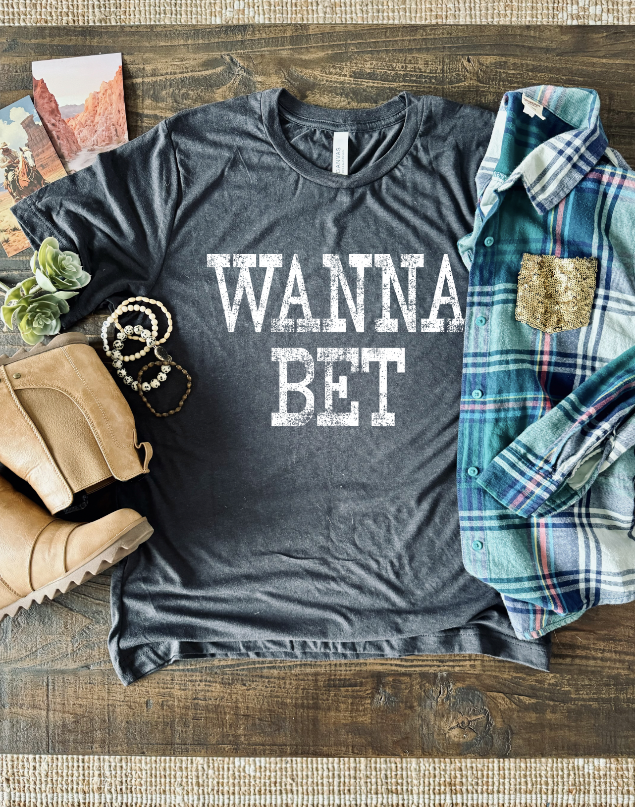 Wanna Bet, a sassy and fun country girl vintage tee on charcoal shirt.