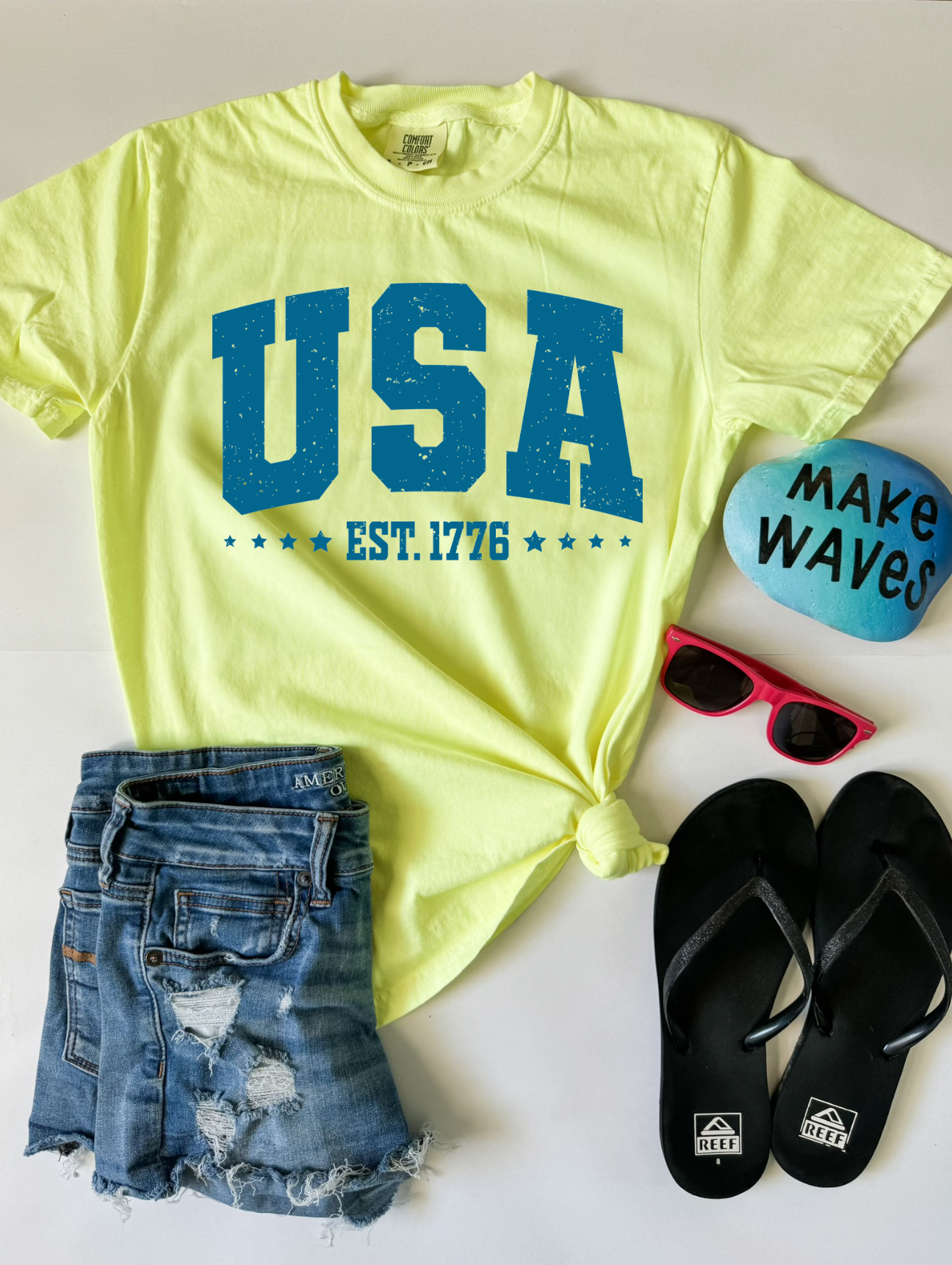 Bright summer beach girl shirt. USA Est. 1776, 4th of July shirt. Comfort Color Neon Yellow.