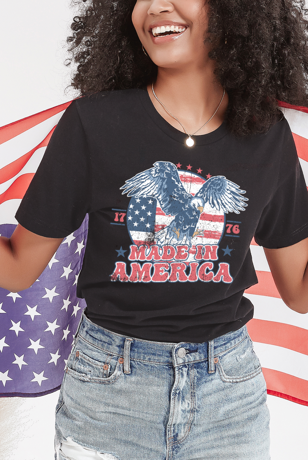 1776. Made in America Vintage America soft shirt with an eagle on it. Distressed. Color is charcoal.