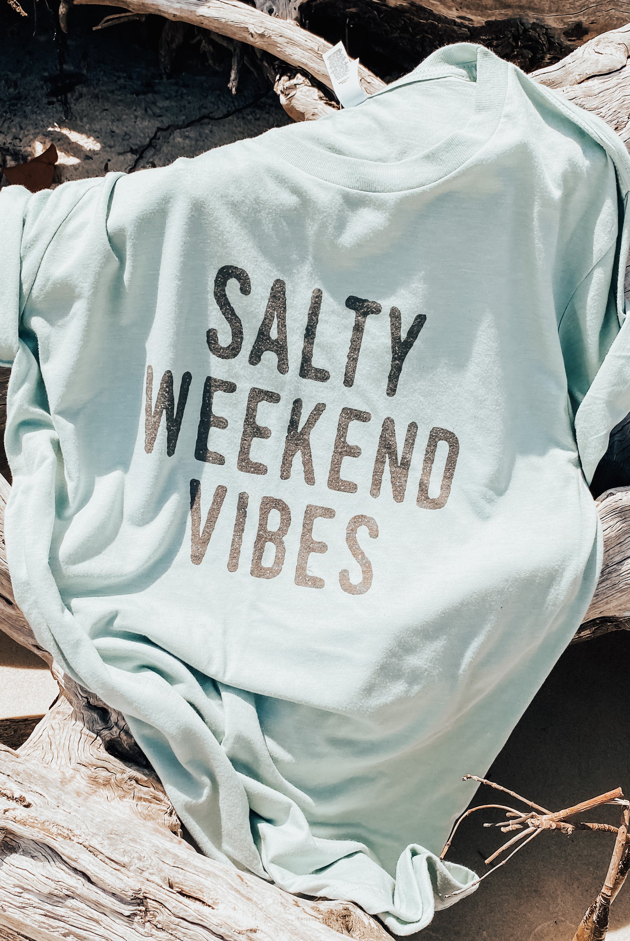 Salty Weekend Vibes beach bun, summer shirt, beach shirt. Salty Shirt. Bella and Canvas Dusty Blue unisex tshirt.