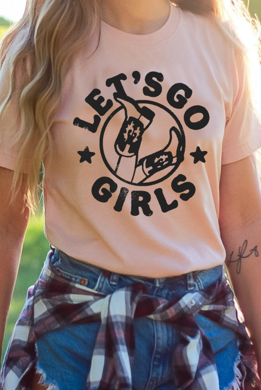 Let's Go Girls, Vintage, Country, Western, Distressed, Bella and Canvas, Hand-made apparel, Shipped from Texas, Peach Unisex Shirt.